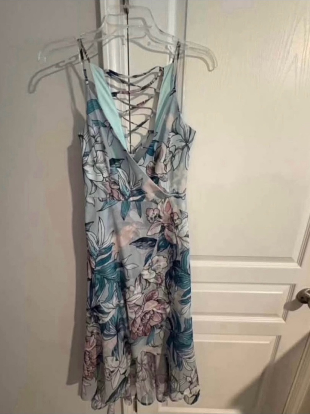 Floral Lace-Up Strappy Midi Dress in Light Blue
